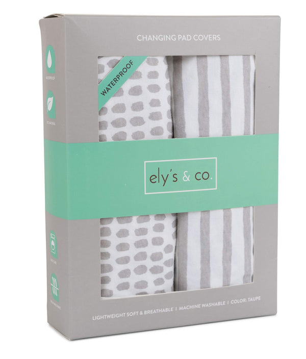Ely's & Co waterproof changing pad cover with abstract stripes in taupe, keeps messes contained.