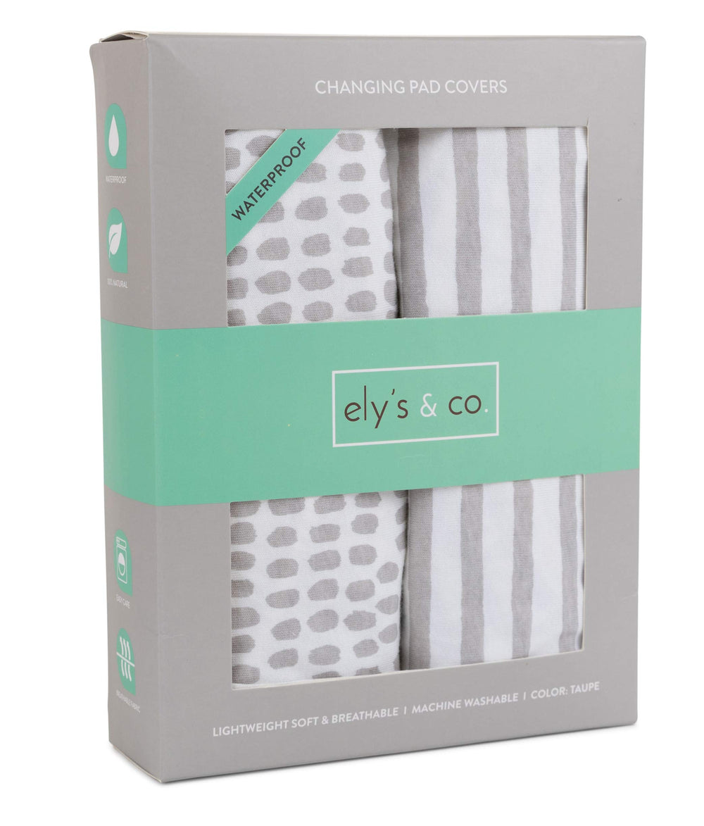 Ely's & Co waterproof changing pad cover with abstract stripes in taupe, keeps messes contained.