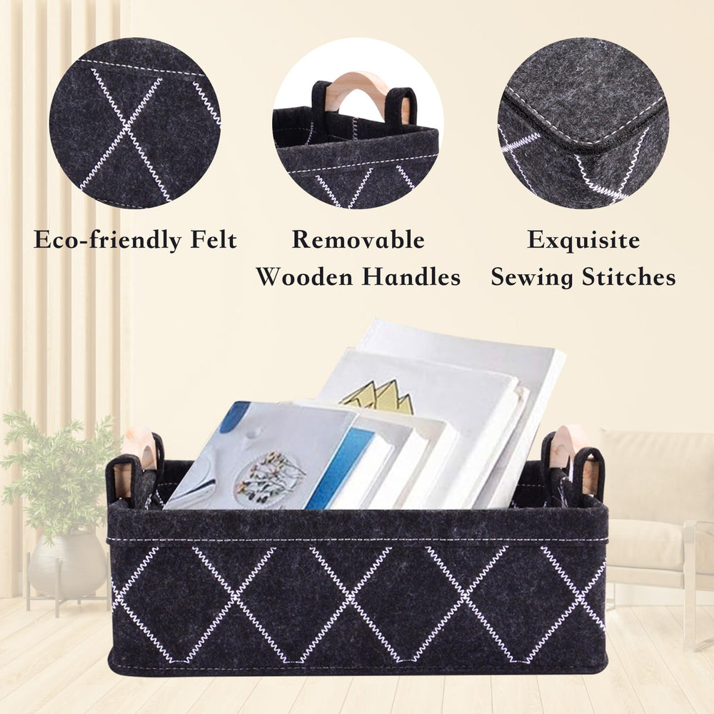 Elyxen gray small felt basket with wood handles ideal for toys and towels
