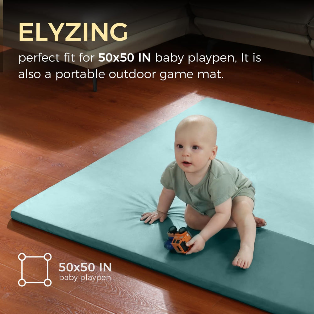 ELYZING 50x50 play mat rolled for storage with a sturdy strap.