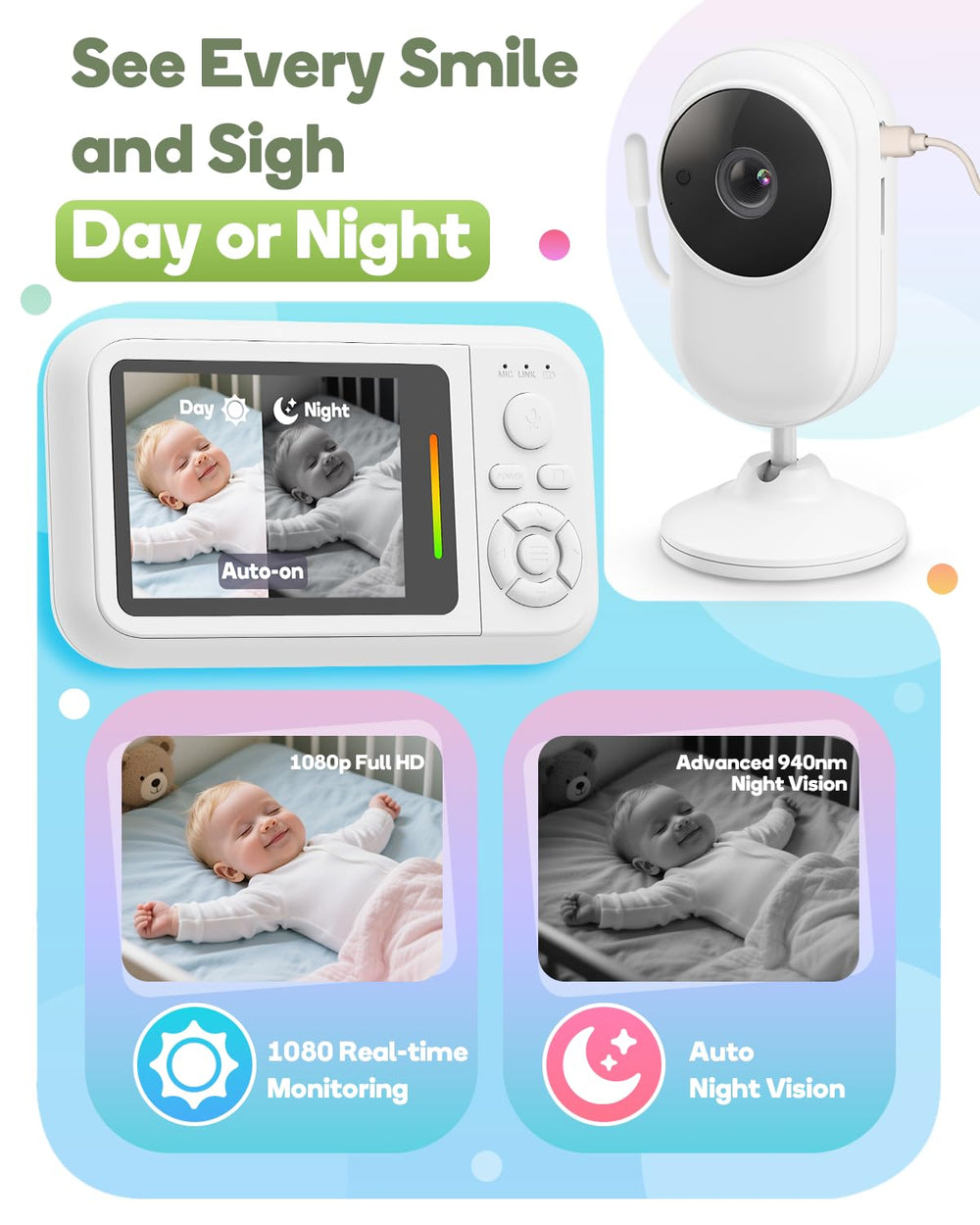 Elzeeo monitor 2-way audio enables real-time talking and comforting responses.