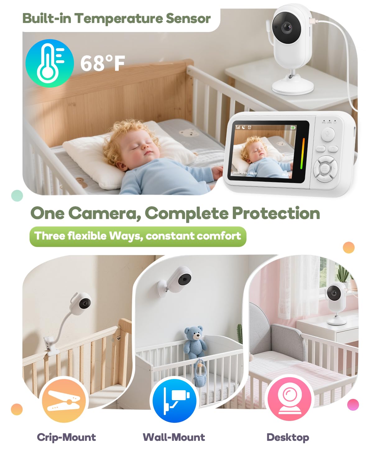 Elzeeo mounting options for crib, table, or wall.