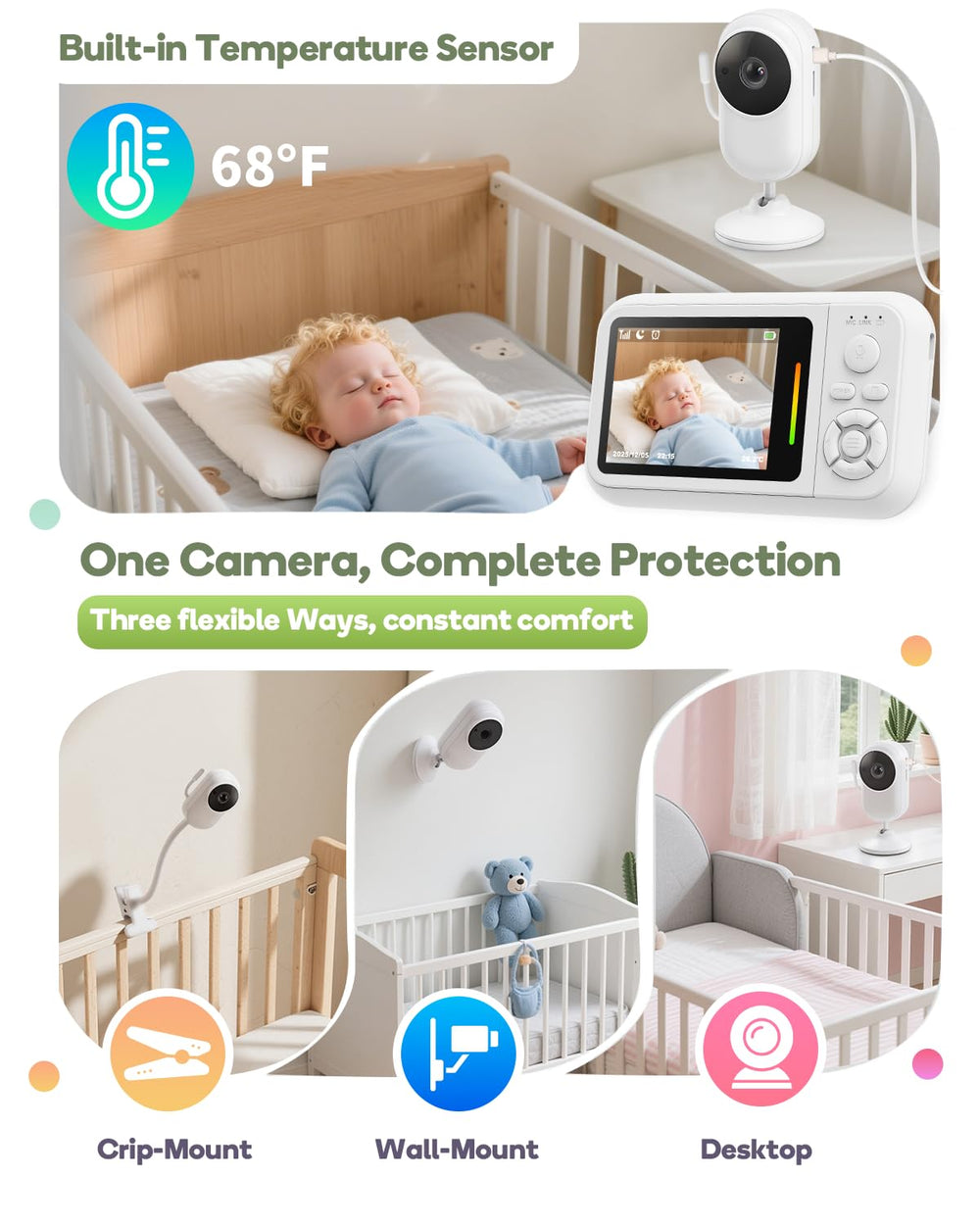 Elzeeo mounting options for crib, table, or wall.