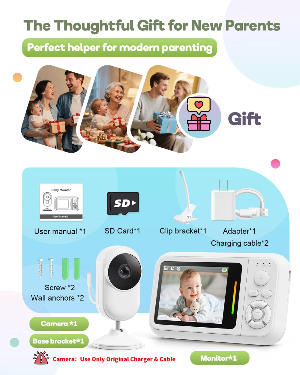Elzeeo rechargeable parent unit offers cord-free mobility around the home.