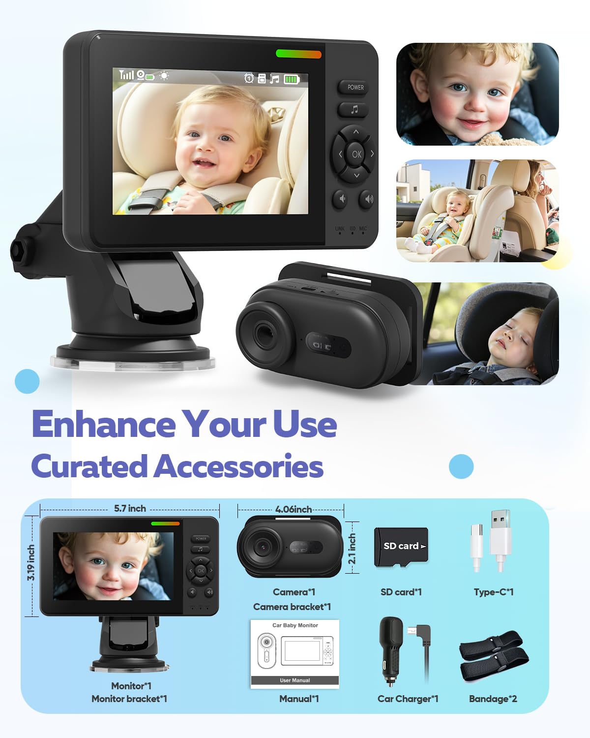 Elzeeo in-car charger keeps the monitor powered during trips.