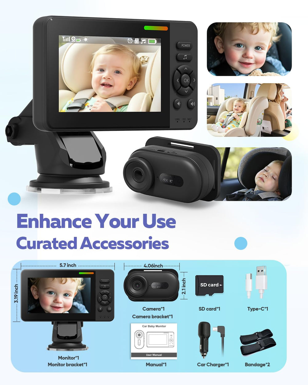 Elzeeo in-car charger keeps the monitor powered during trips.