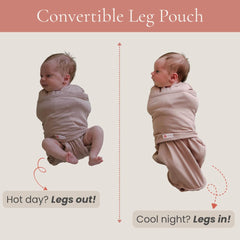 Embe hip-friendly leg pouch swaddle supports comfortable leg positioning.