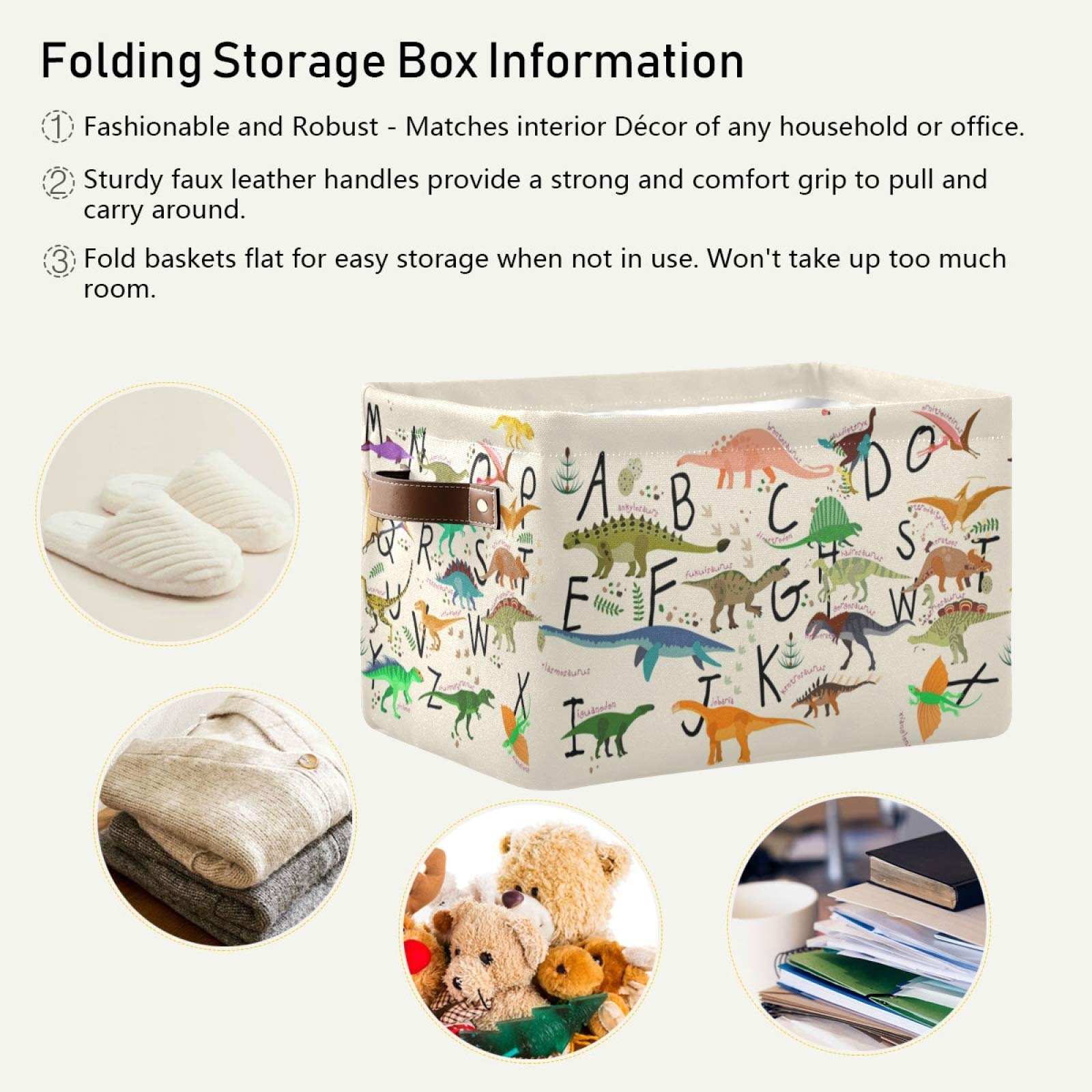 Emelivor ABC Dinosaurs Storage Bin uses 300DPE fabric for durability.
