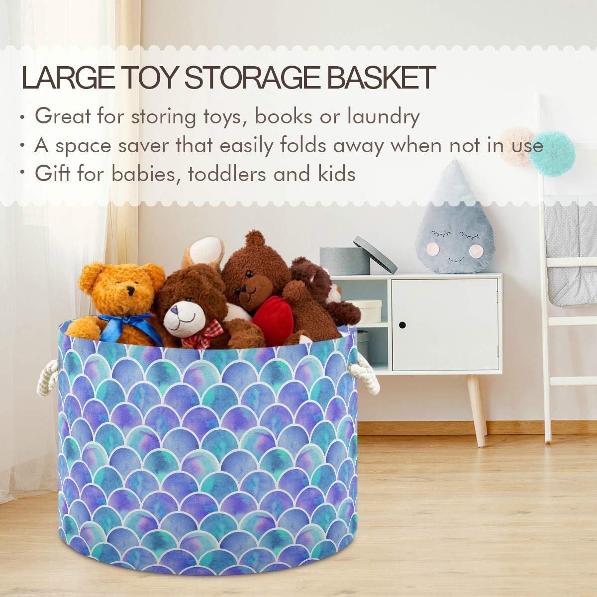 Emelivor storage bin in nursery with organized clothing, blankets, and toys.
