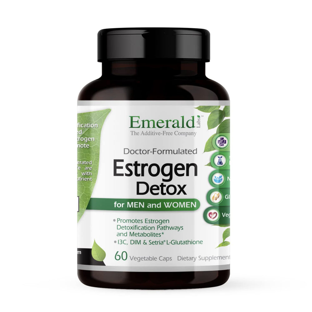 Emerald Labs Estrogen Detox bottle with capsules for daily hormonal balance support.