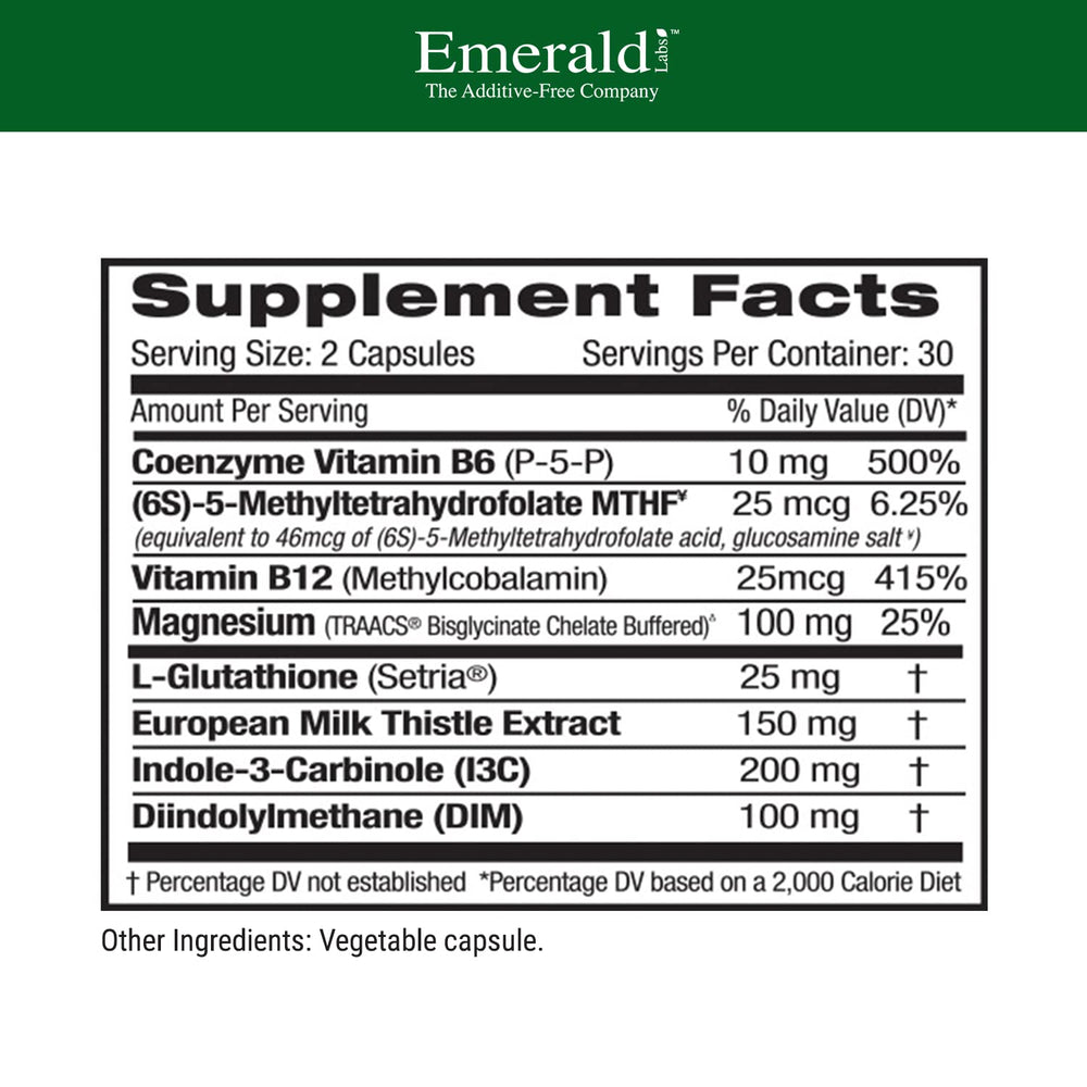 Closeup of Emerald Labs Estrogen Detox capsules ready for daily routine.