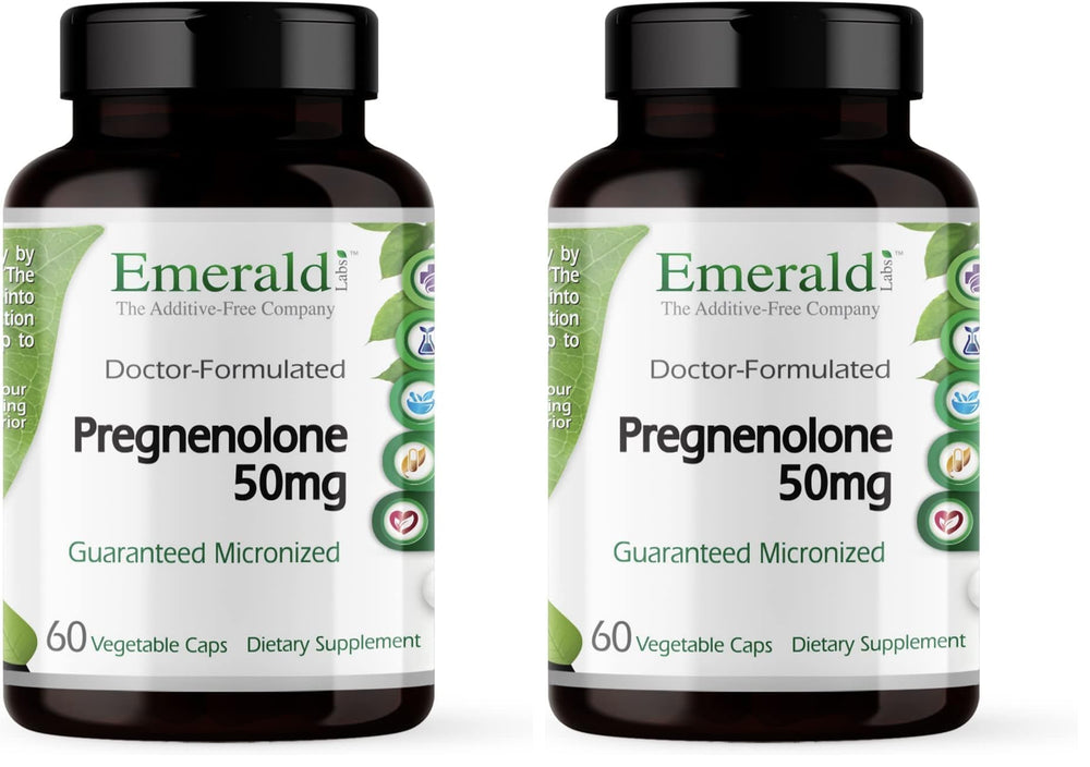 Emerald Labs Pregnenolone 50mg bottle illustrating potential brain health support.