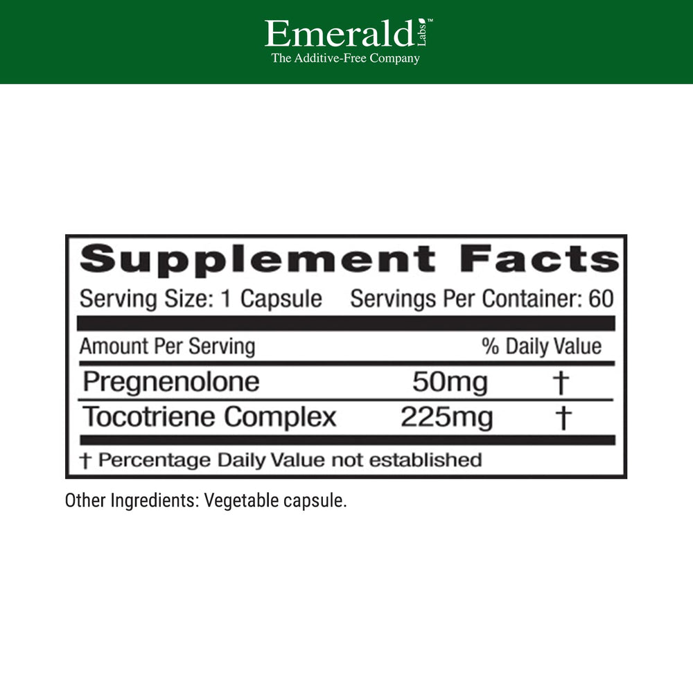 Emerald Labs Pregnenolone 50mg capsules shown for daily hormonal balance.