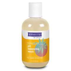 Emerita Life-flo pH Balancing Wash bottle shows a gentle, hydrating cleanse for sensitive skin.