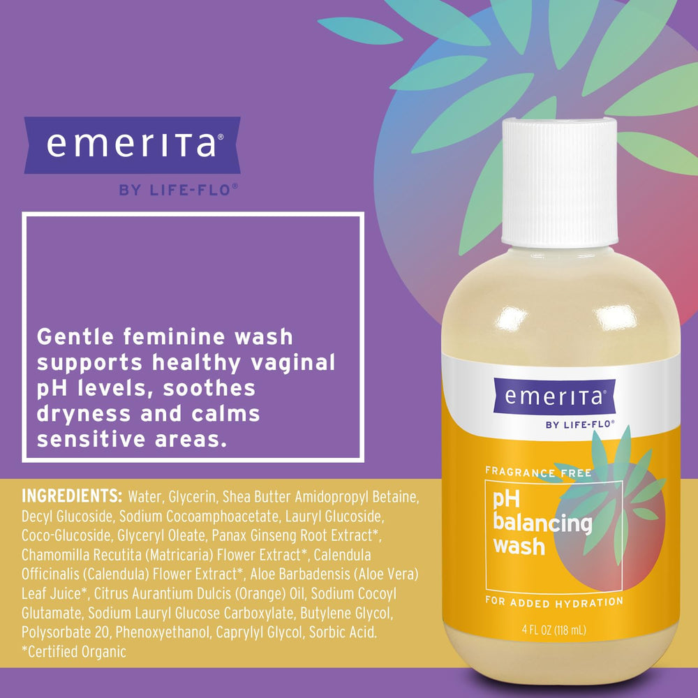 Emerita Life-flo pH Balancing Wash box emphasizes a trusted, paraben-free solution.
