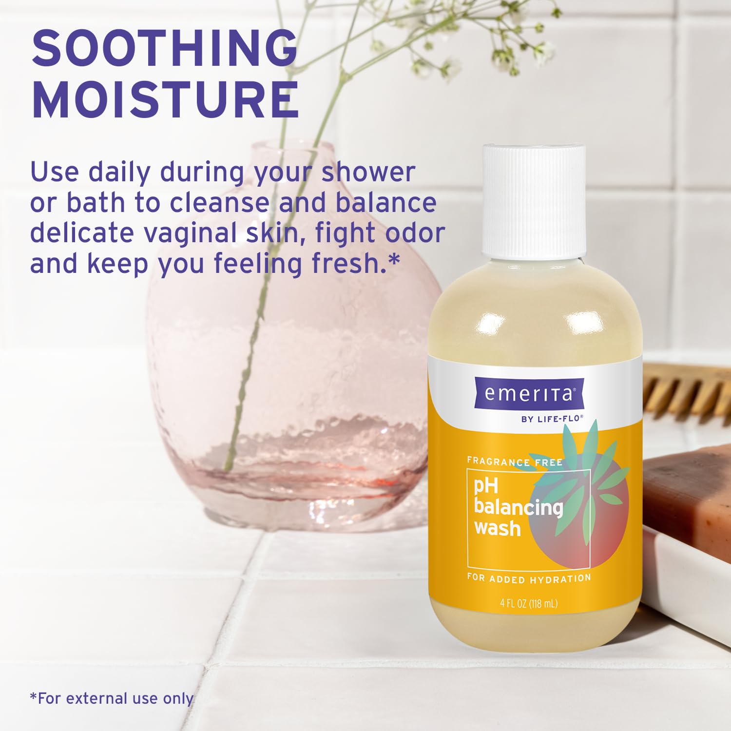 Emerita Life-flo pH Balancing Wash ingredients image highlights aloe vera, chamomile, calendula.