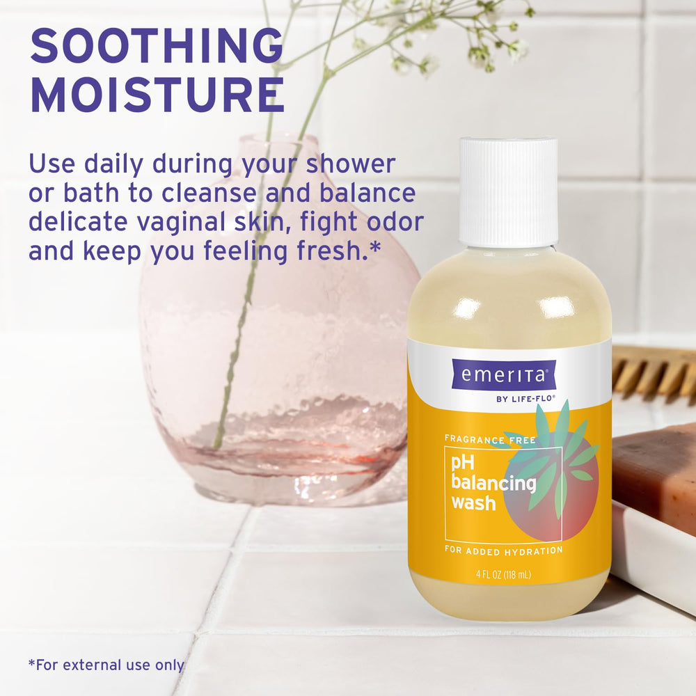 Emerita Life-flo pH Balancing Wash ingredients image highlights aloe vera, chamomile, calendula.