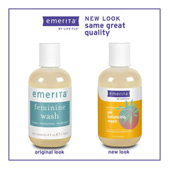 Emerita Life-flo pH Balancing Wash label highlights fragrance-free formula for sensitive areas.