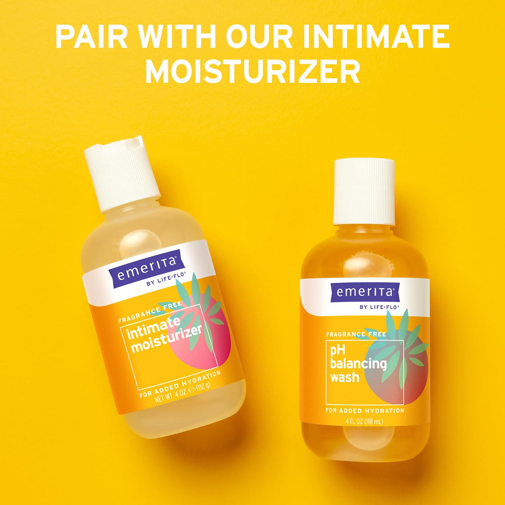 Emerita Life-flo pH Balancing Wash packaging design communicates fragrance-free, animal-friendly policy.