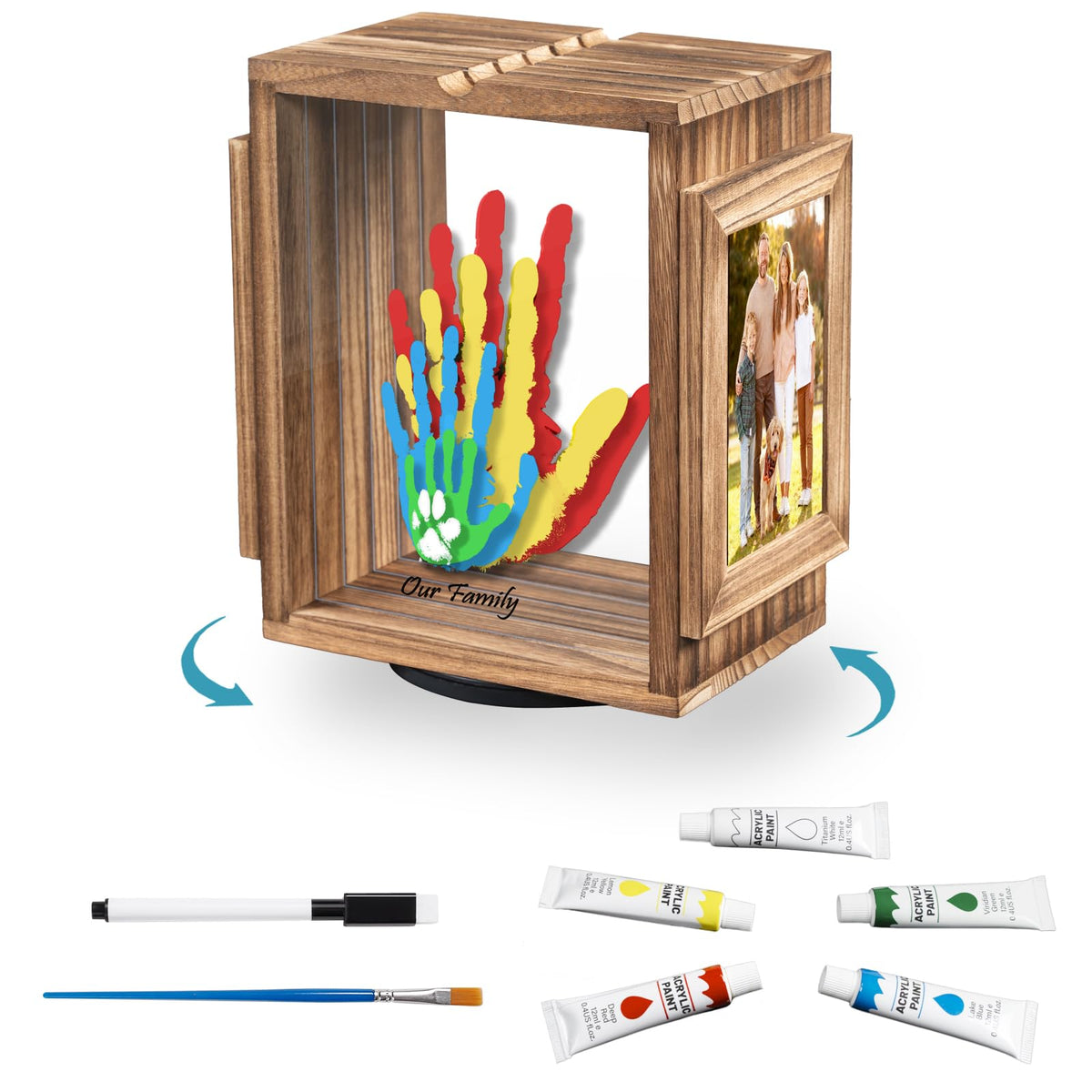Emfogo 360° rotating frame displaying family handprints for a timeless keepsake.