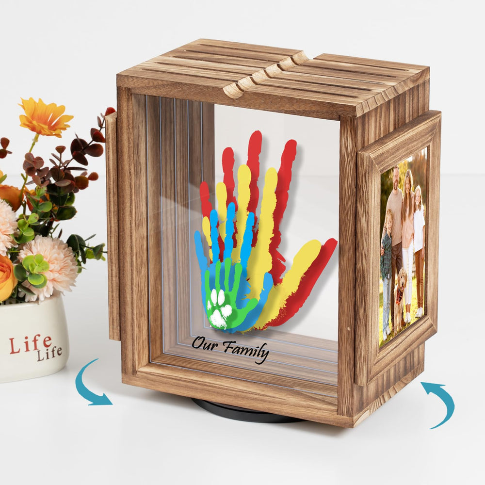 Emfogo baby handprint kit shows bright prints in the brown frame.