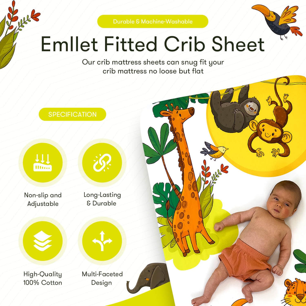 Emllet Safari Friends sheet features 100% cotton fabric for baby's gentle skin.