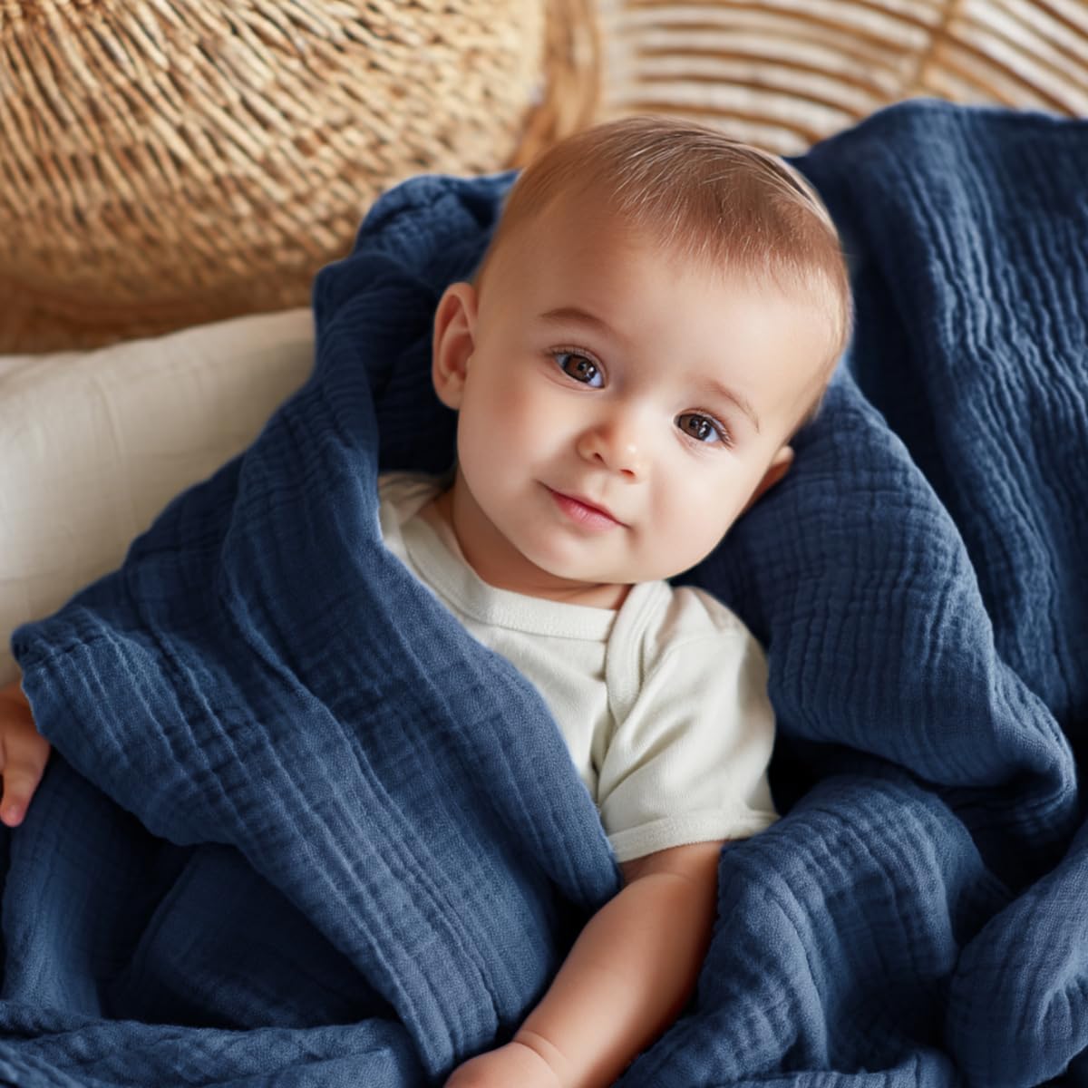 EMME muslin baby blanket navy in stroller highlights lightweight all-season comfort