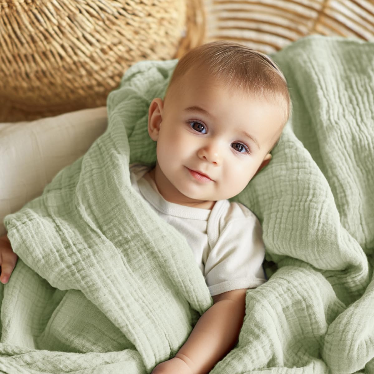 EMME muslin baby blanket car seat cover offers lightweight all-season protection and coverage.