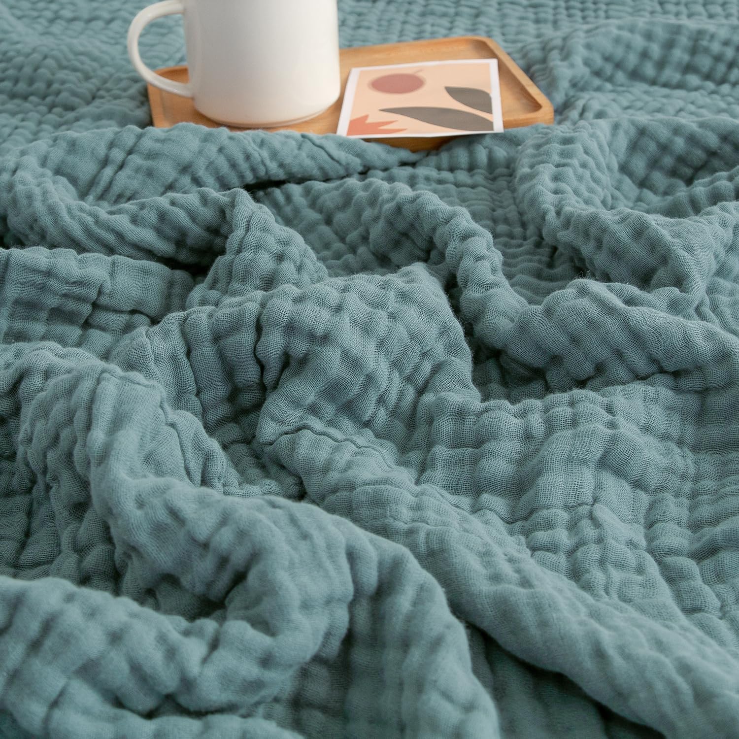 EMME muslin baby blanket teal front view showing soft cotton texture and breathable fabric