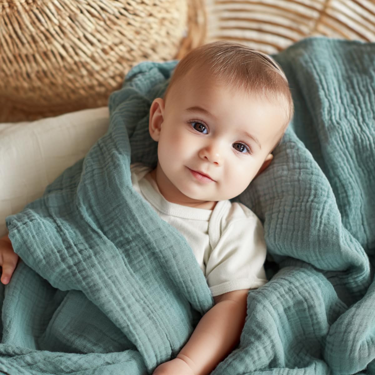 EMME muslin baby blanket teal wrap-use demonstrates versatile swaddle option