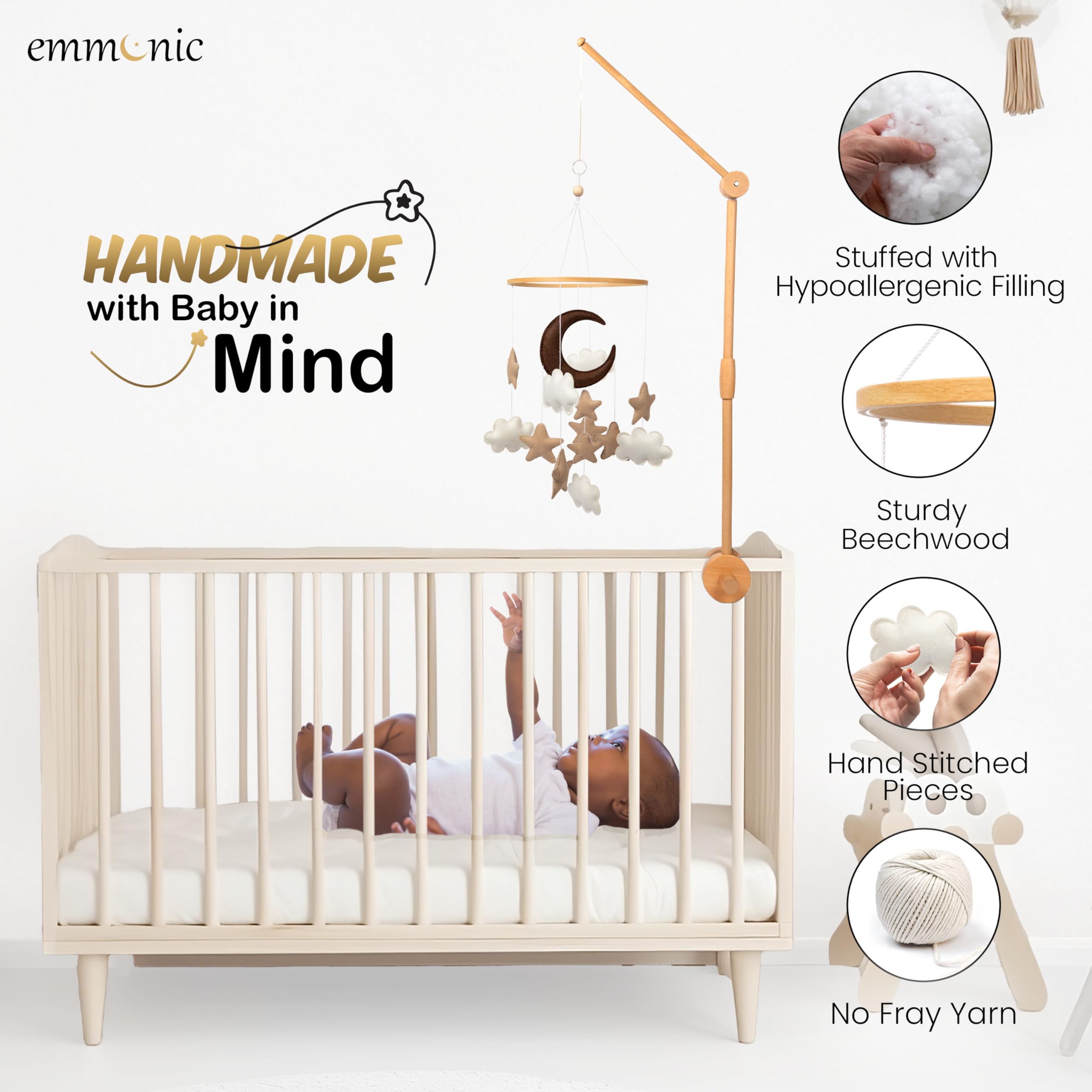 EMMNNIC mobile closeup hangs soft elements that gently engage infant visual tracking.