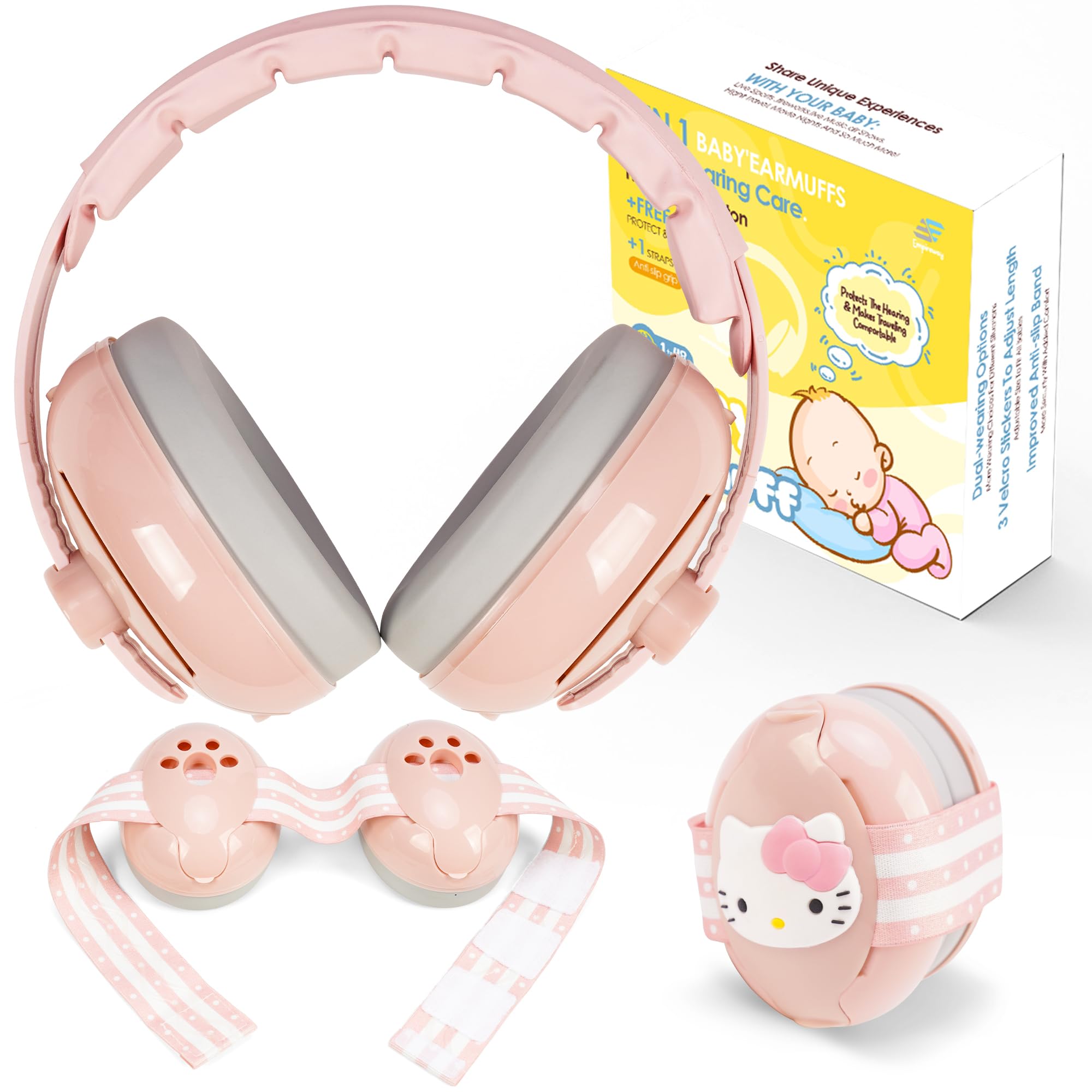 Empireway GS010 2-in-1 earmuffs folded pink provide travel-friendly protection for infants.