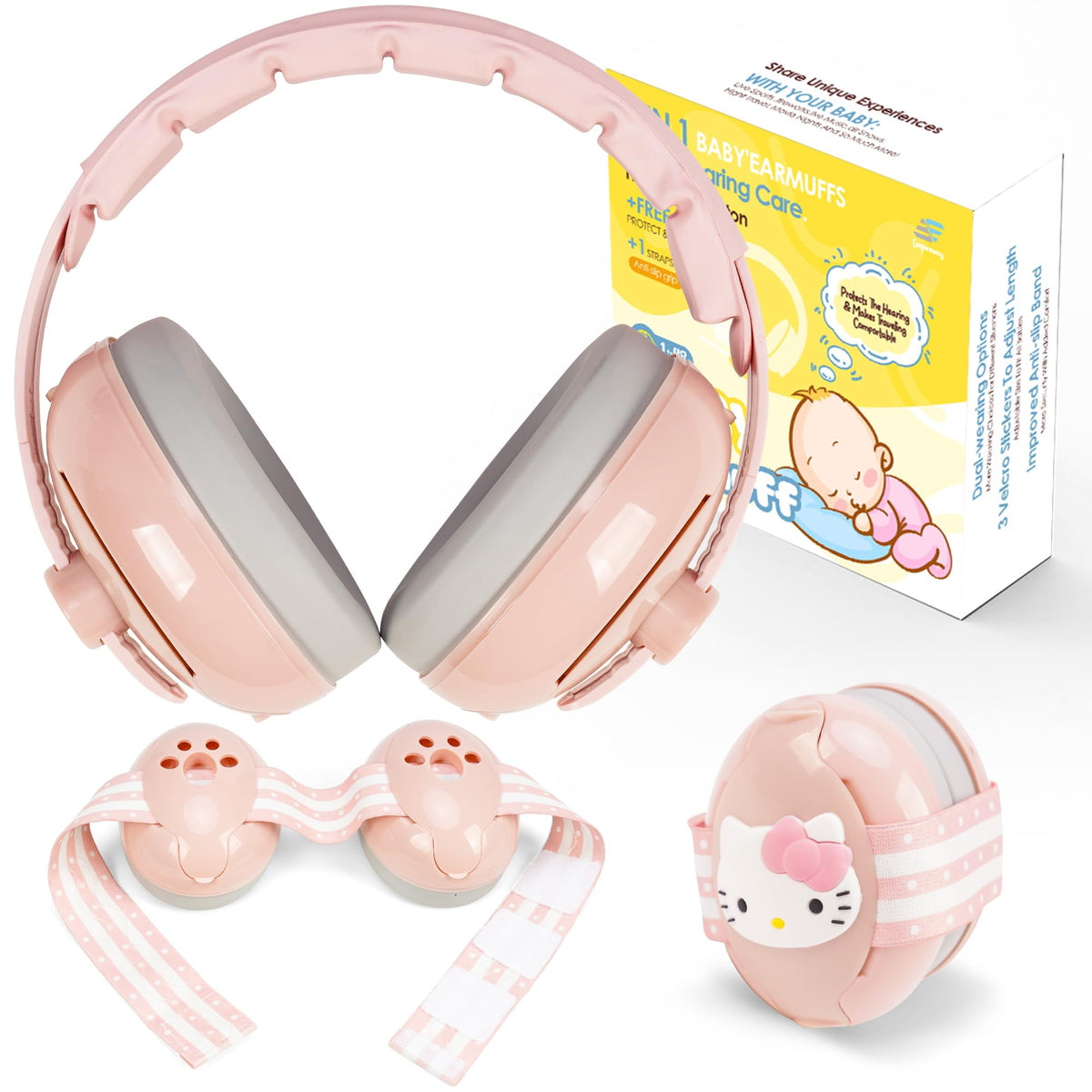 Empireway GS010 2-in-1 earmuffs folded pink provide travel-friendly protection for infants.