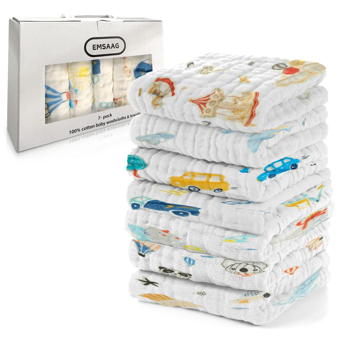 EMSAAG car-pattern washcloths 7-pack for playful bath time and gentle cleansing