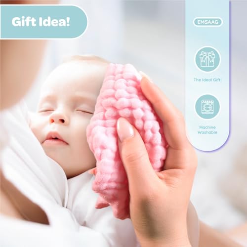 EMSAAG Muslin washcloth close-up highlights premium 100% cotton fabric for baby care.