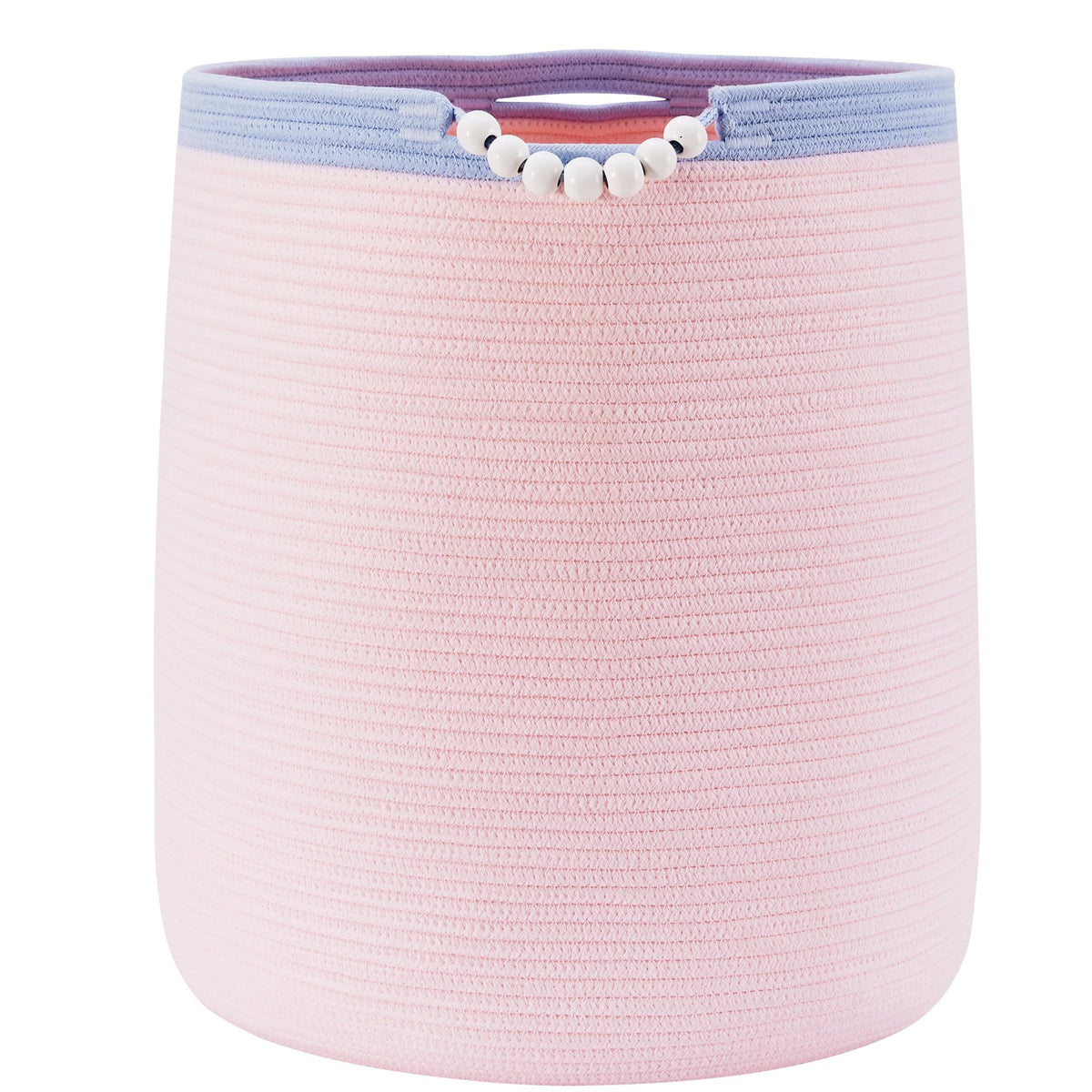 ENAORGAN 65L pink woven rope laundry hamper, front view, ideal for easy clothes organization.