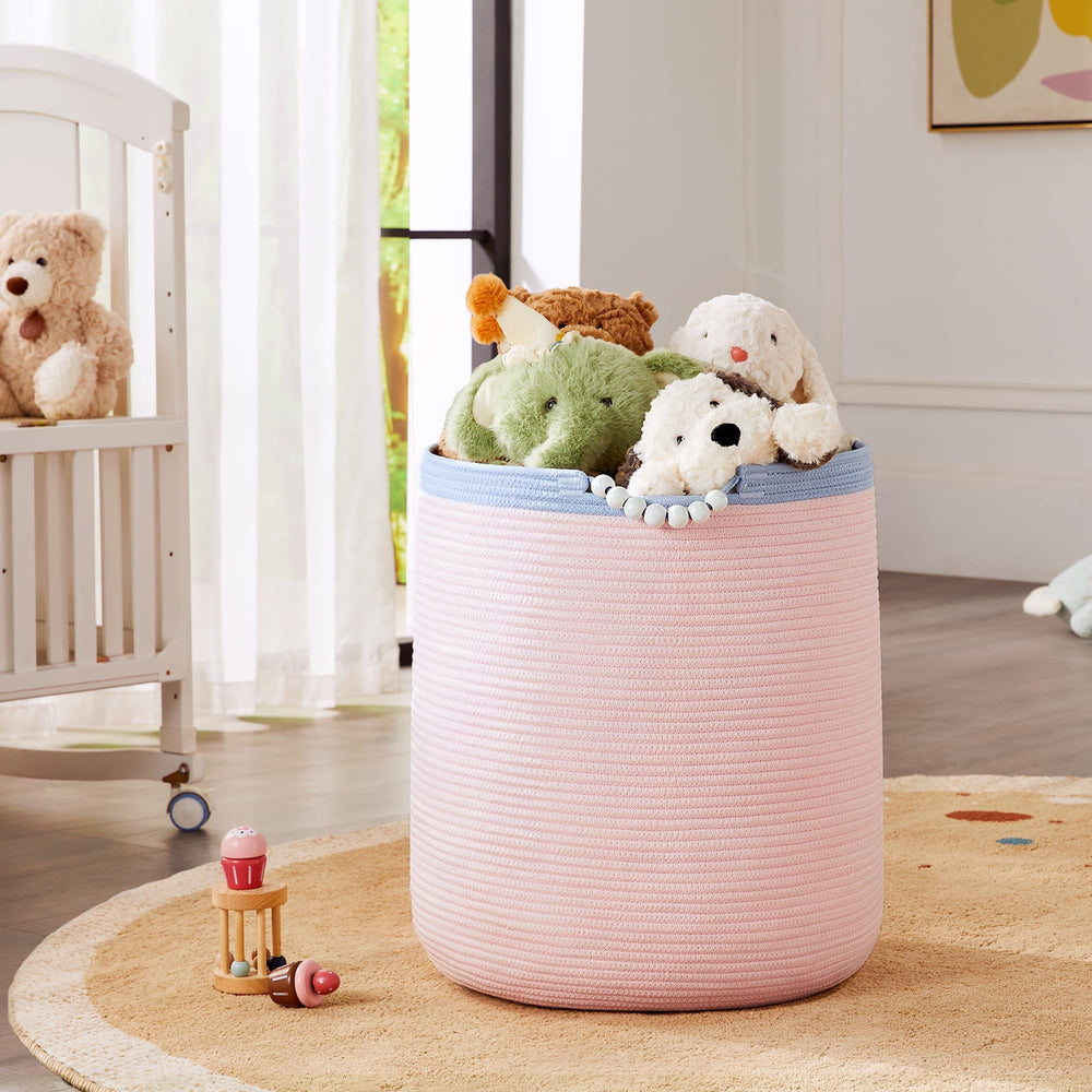 ENAORGAN 65L pink woven rope laundry hamper, side view, boho charm for kids' room.
