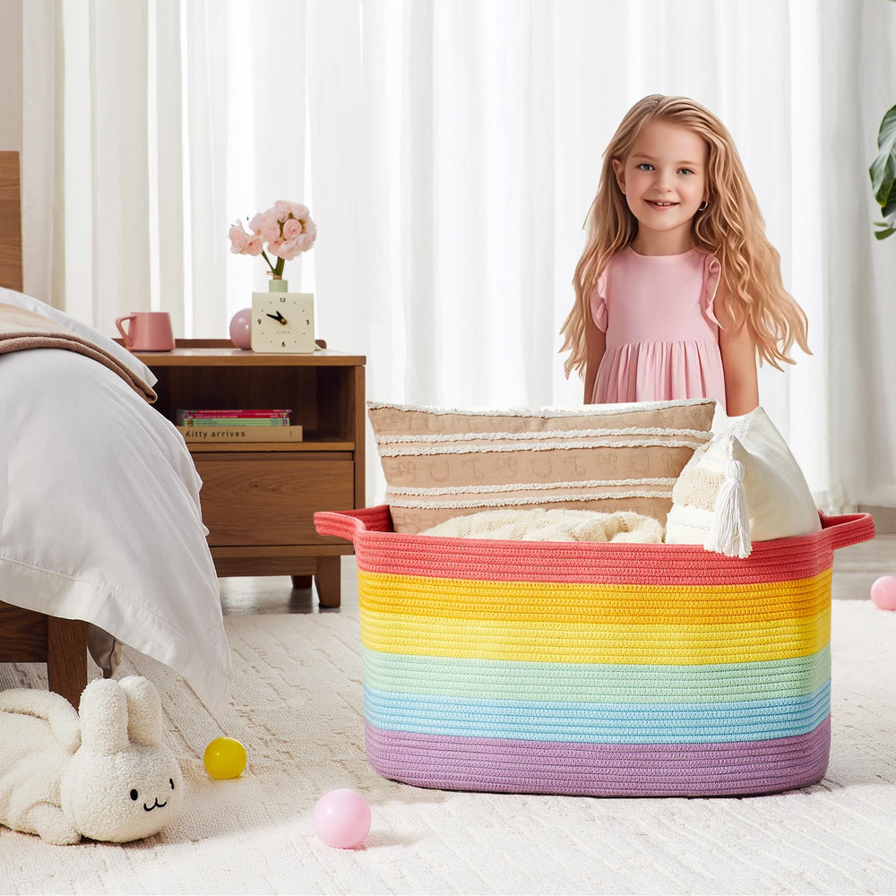 ENAORGAN 75L rainbow cotton rope basket with sturdy handles for quick relocation.