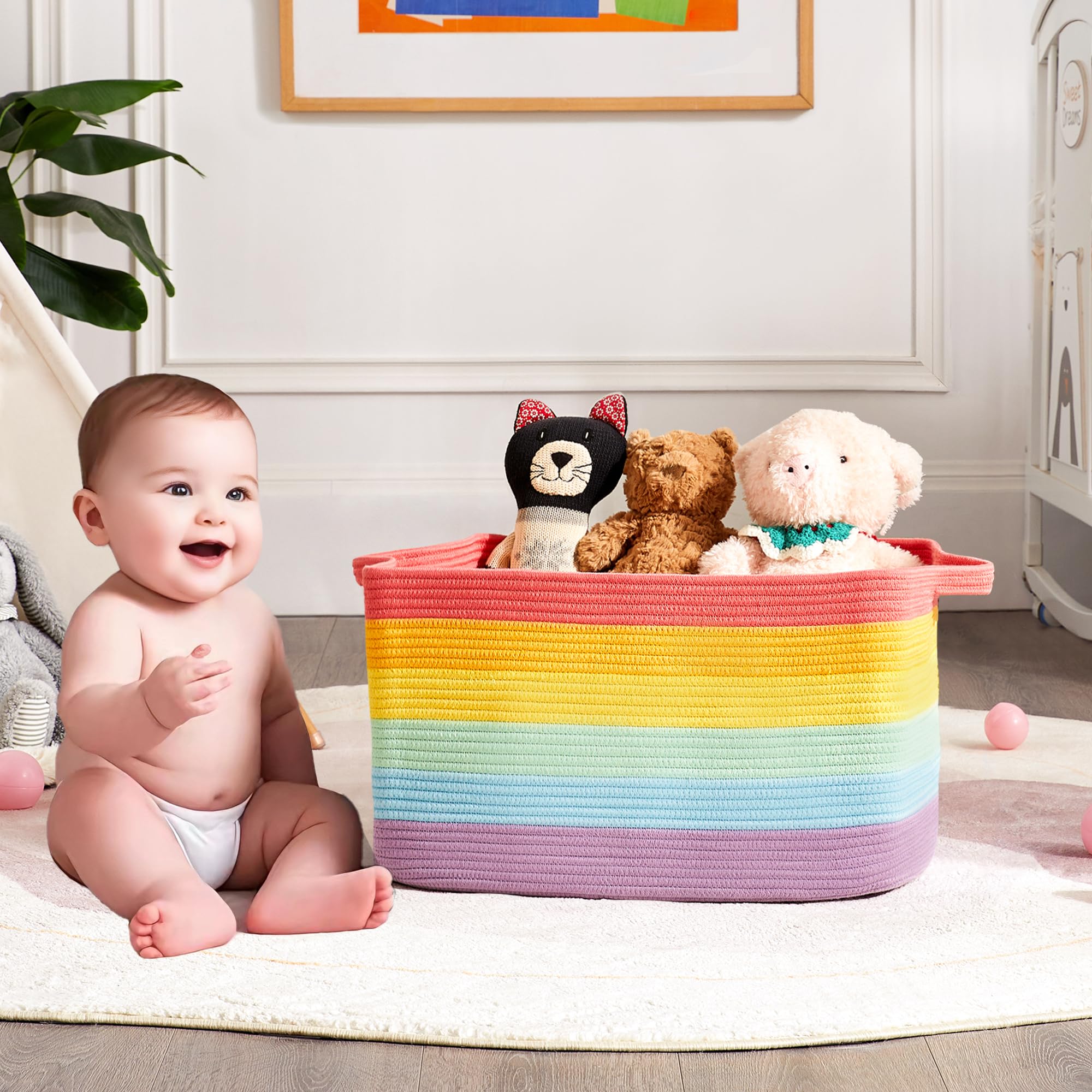 ENAORGAN 75L rainbow cotton rope basket folded, with reinforced handles for easy transport.