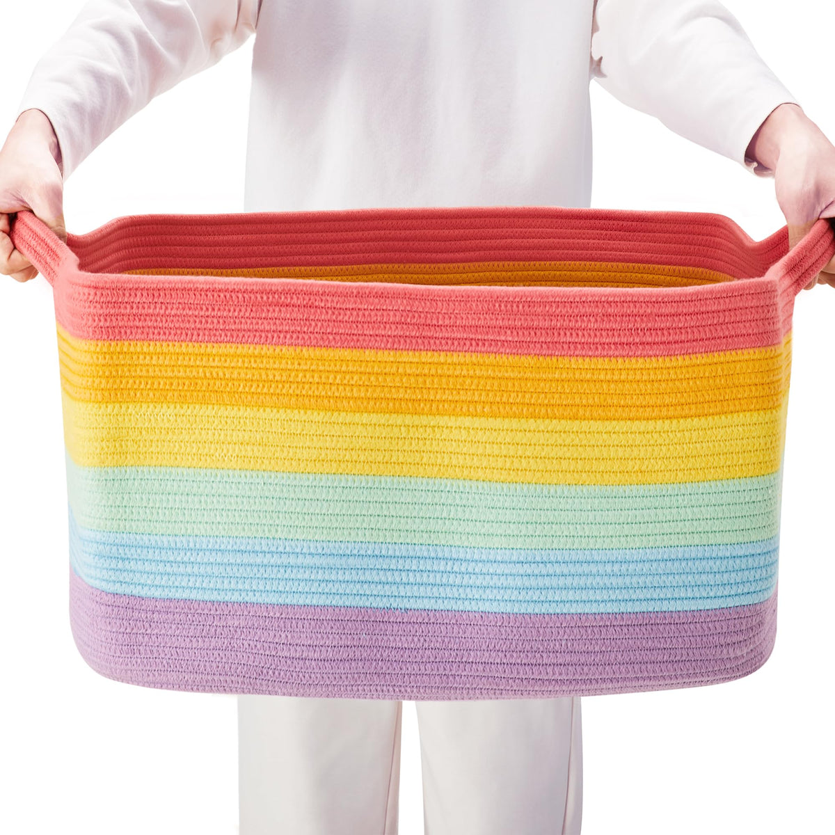 ENAORGAN 75L rainbow cotton rope basket full view, ideal for blanket and toy storage.