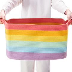 ENAORGAN 75L rainbow cotton rope basket full view, ideal for blanket and toy storage.