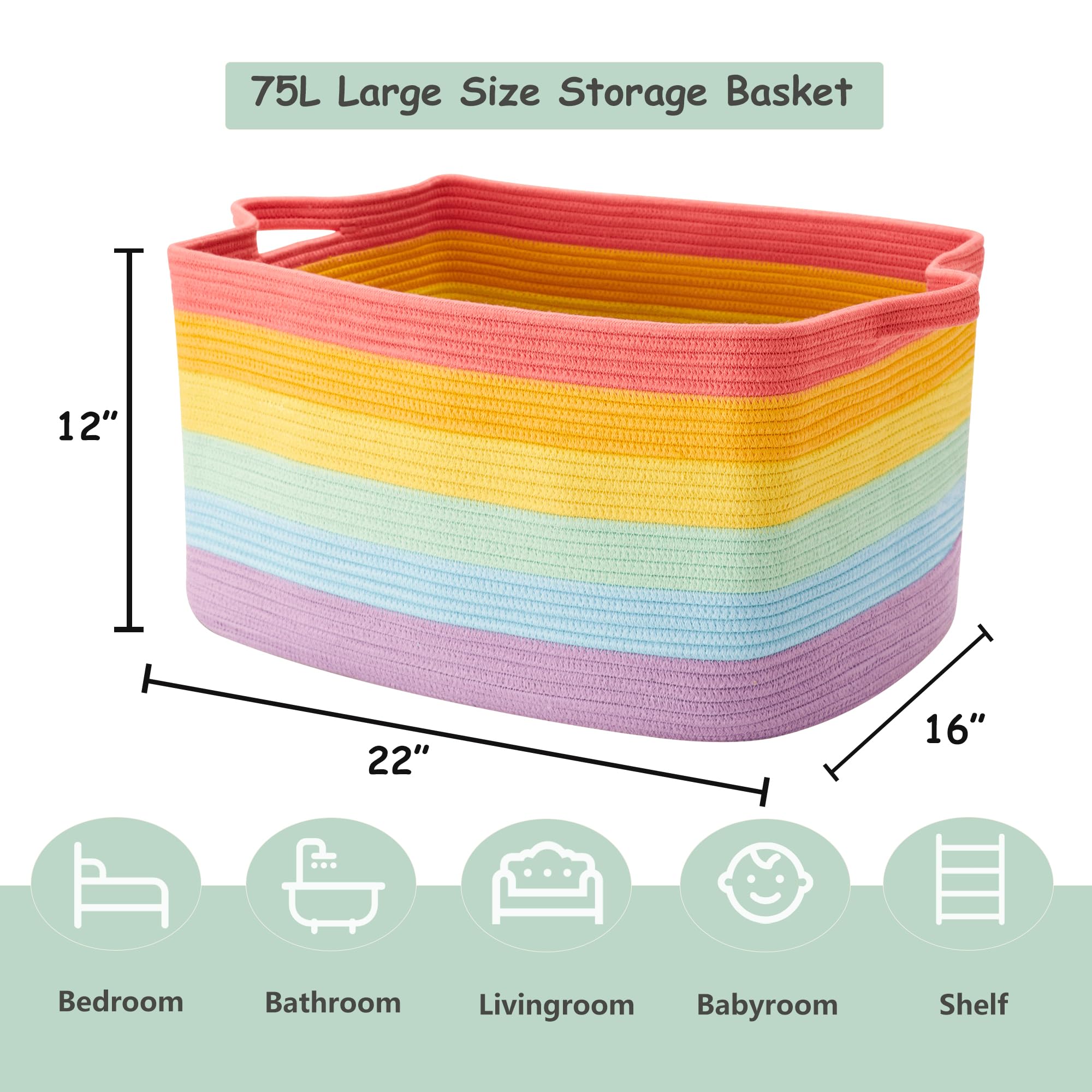 ENAORGAN 75L rainbow cotton rope basket in nursery, versatile storage for toys.