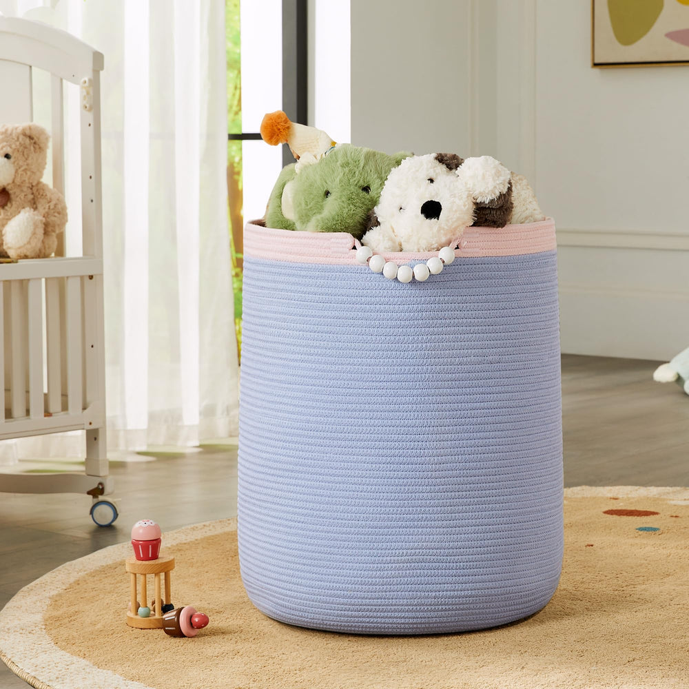 ENAORGAN blue rope hamper side view highlights portable handles for nursery movement.