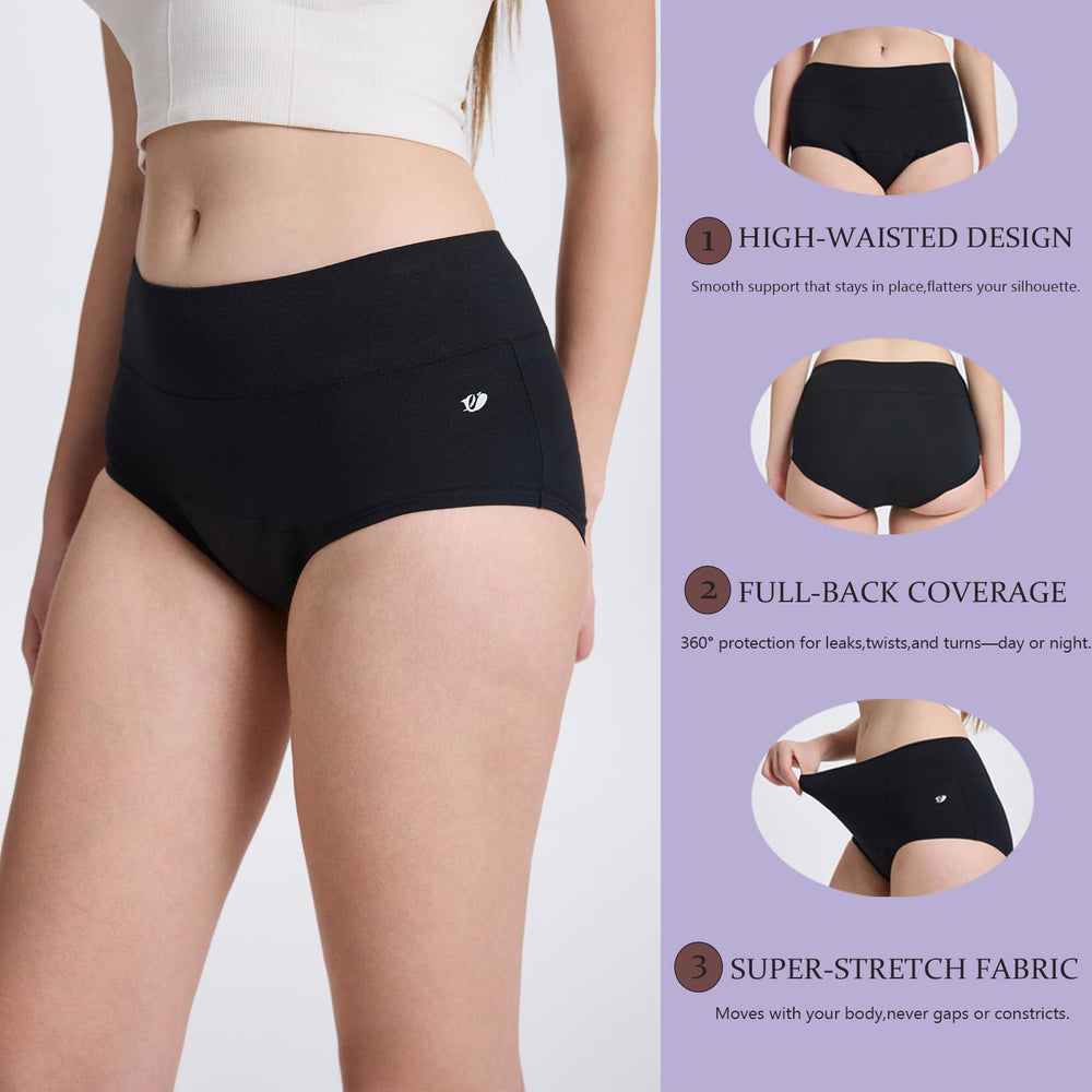 Encodd period underwear with a high-waist fit that stays in place during activities.