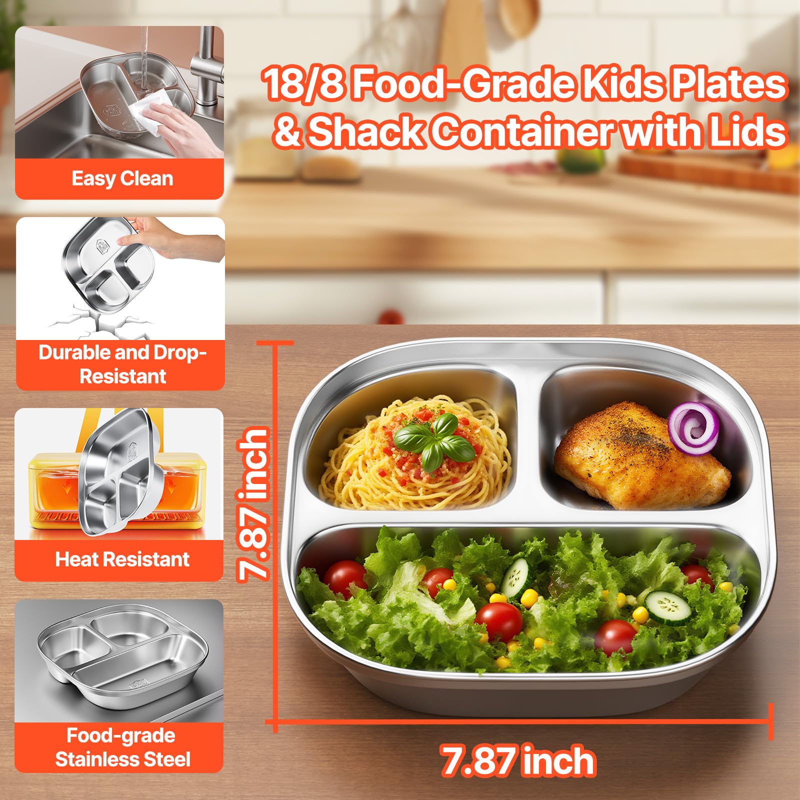 ENCYS stainless steel kids plate in orange with a sturdy surface for meals
