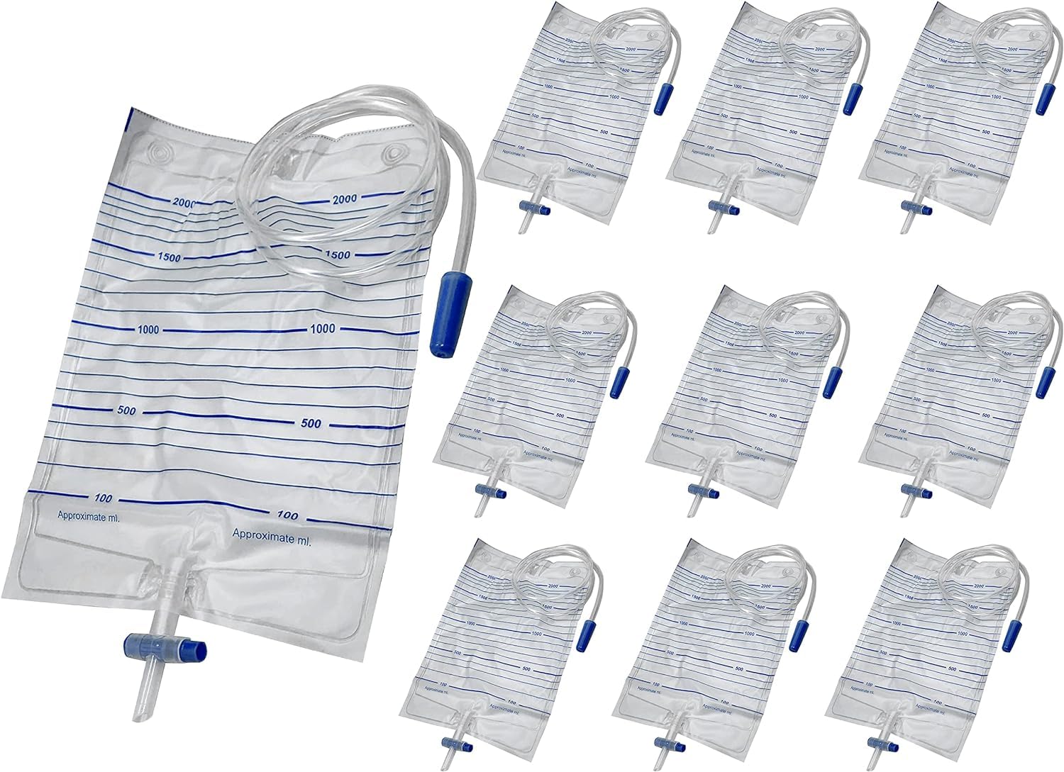 Endure Ind 2000 ml urine bag with clear 2-liter capacity markings.