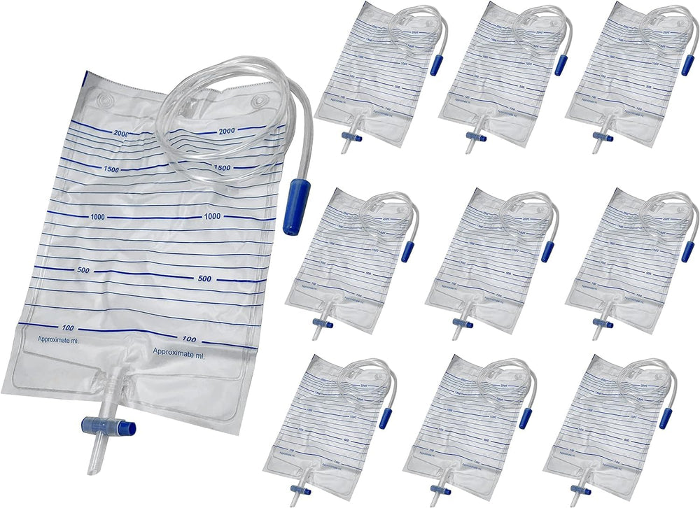 Endure Ind 2000 ml urine bag with clear 2-liter capacity markings.