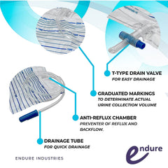 Endure Industries urine bag with graduated markings for precise volume measurement.