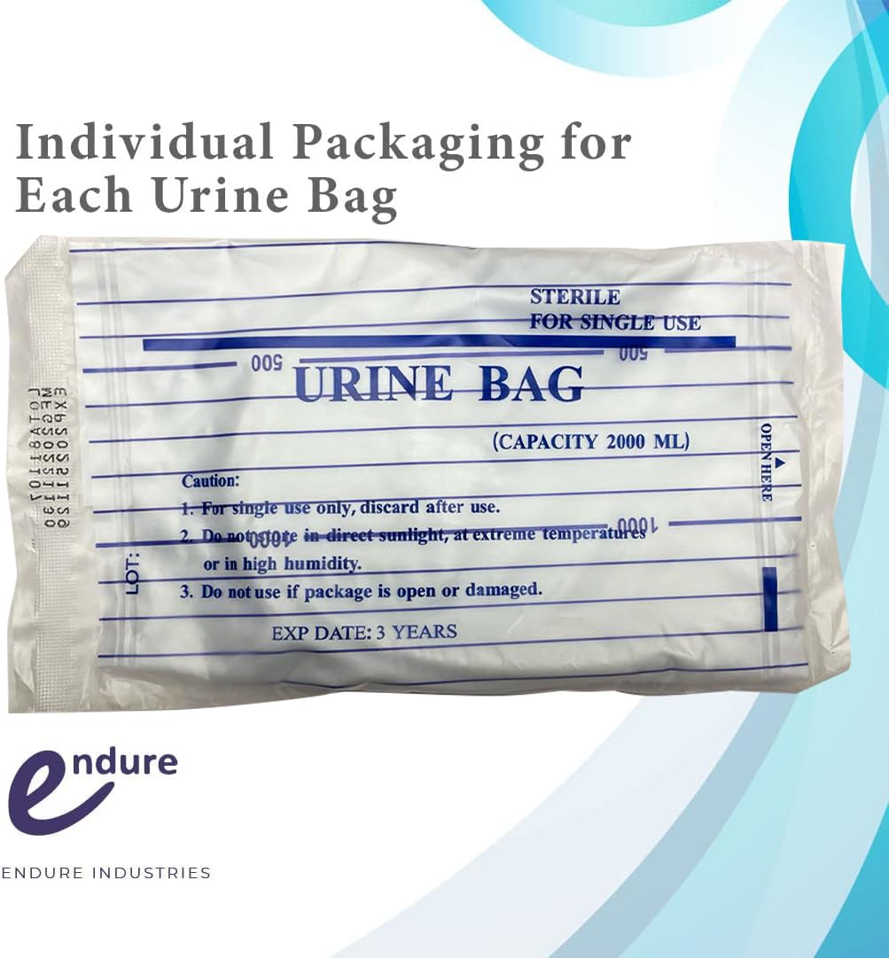 Endure Industries sterile 5-pack of 2L urine bags for convenient care supplies.