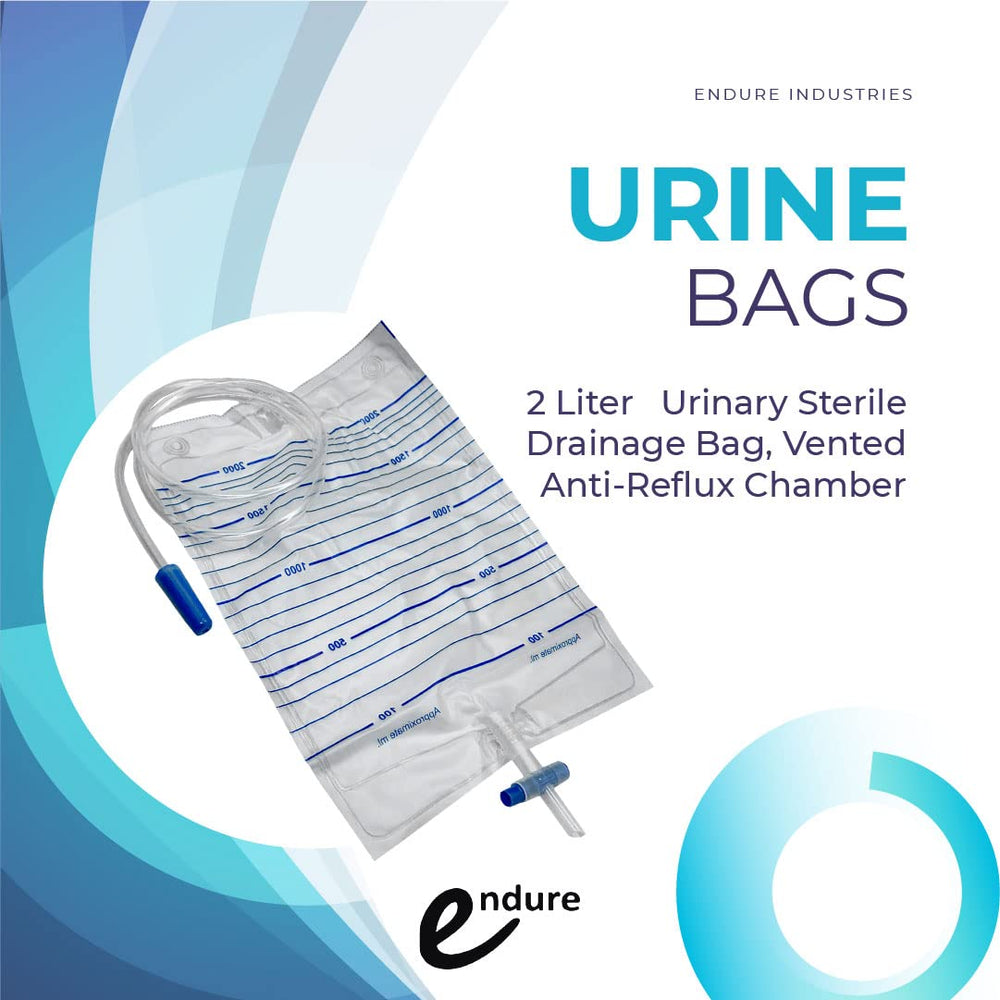 Endure Industries urine bag close-up highlighting anti-reflux valve.